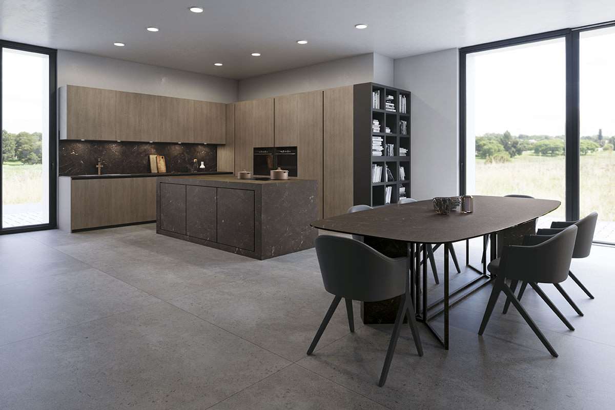 Inalco MDi Astral Gris flooring and Umbra Marron kitchen island