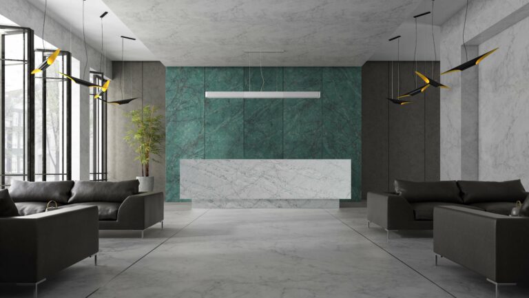 CRL Quartz Cristallo Collection - Verde wall cladding and Cristallo Platino reception desk