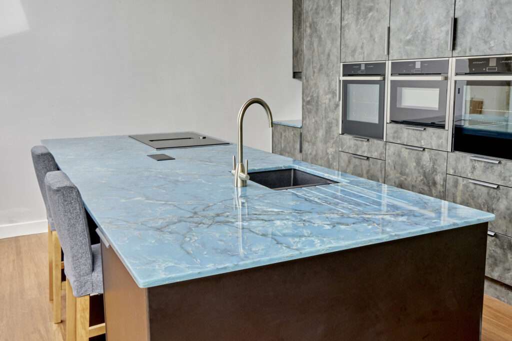 CRL Quartz Cristallo Azure on kitchen island, blue quartz kitchen countertop