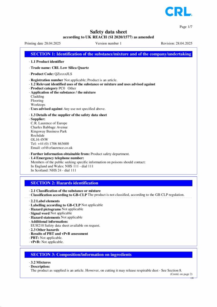 CRL Quartz (GB) Low Silica Safety Data Sheet