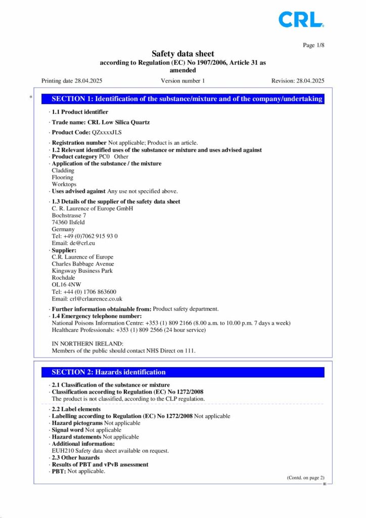 CRL Quartz (IE) Low Silica Safety Data Sheet