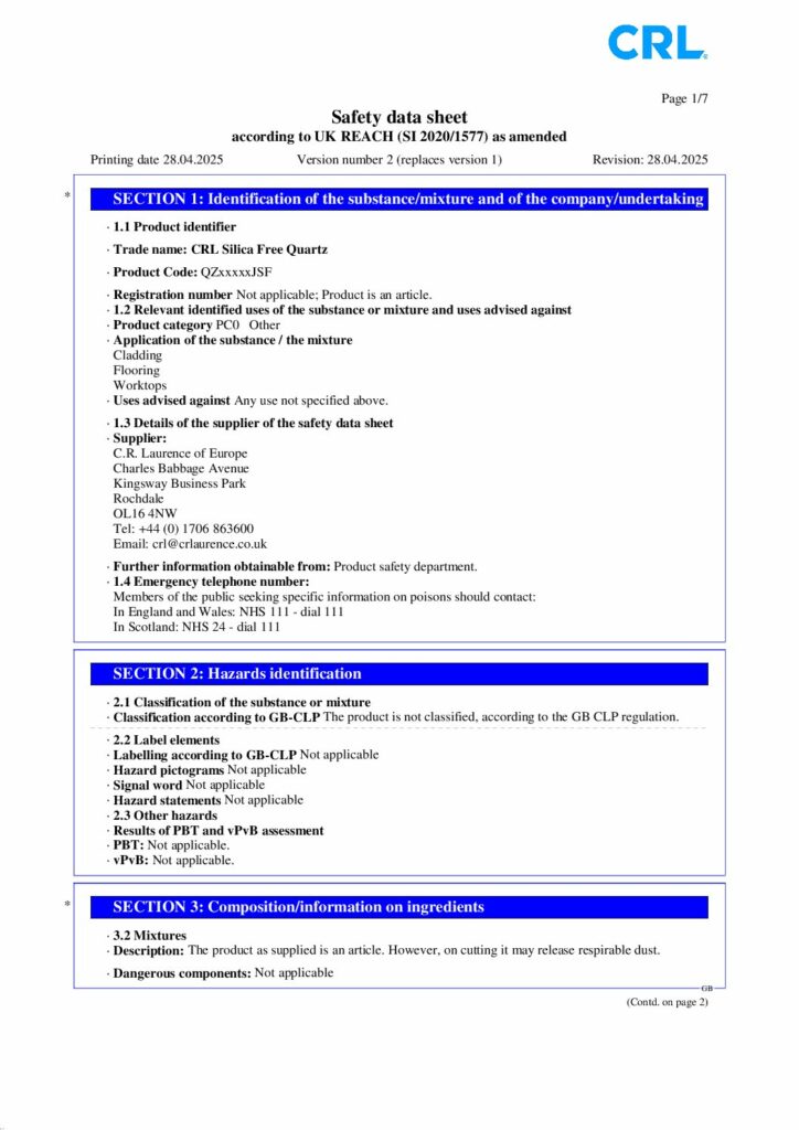 CRL Quartz (GB) Silica Free Safety Data Sheet