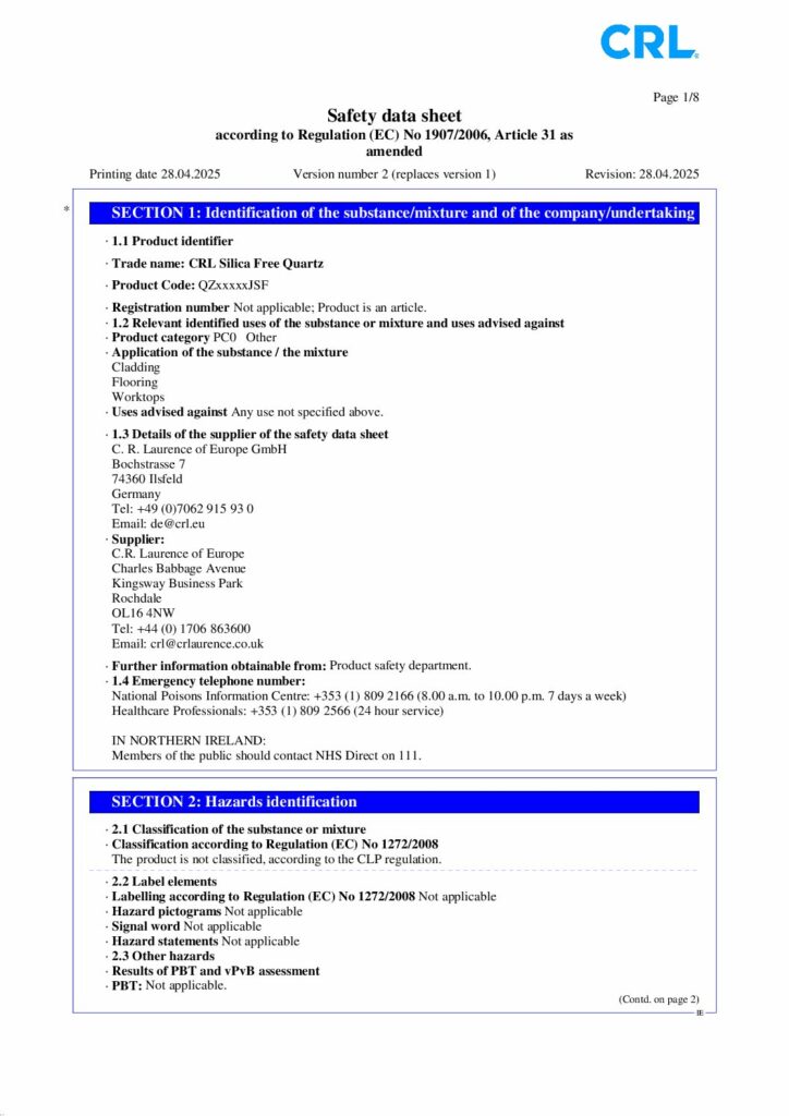 CRL Quartz (Ireland) Silica Free Safety Data Sheet