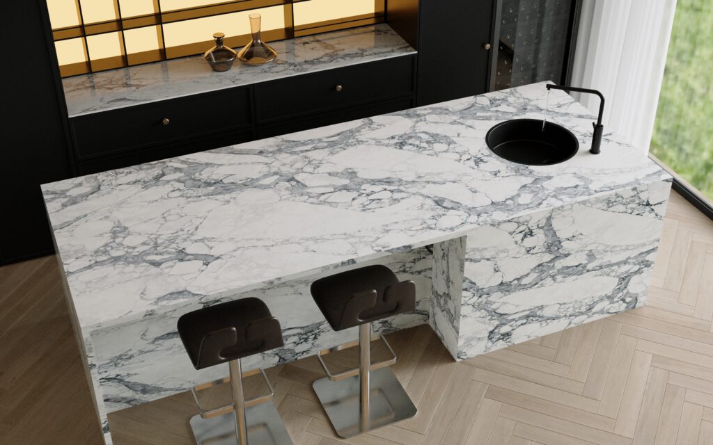 CRL Quartz Arabescato Vagli kitchen island 