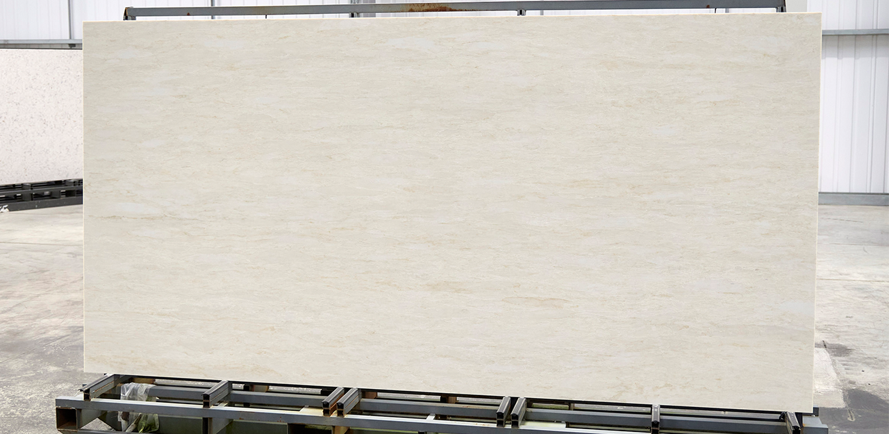 Full Slab view of Taj Mahal Quartz with warm, and rich tones