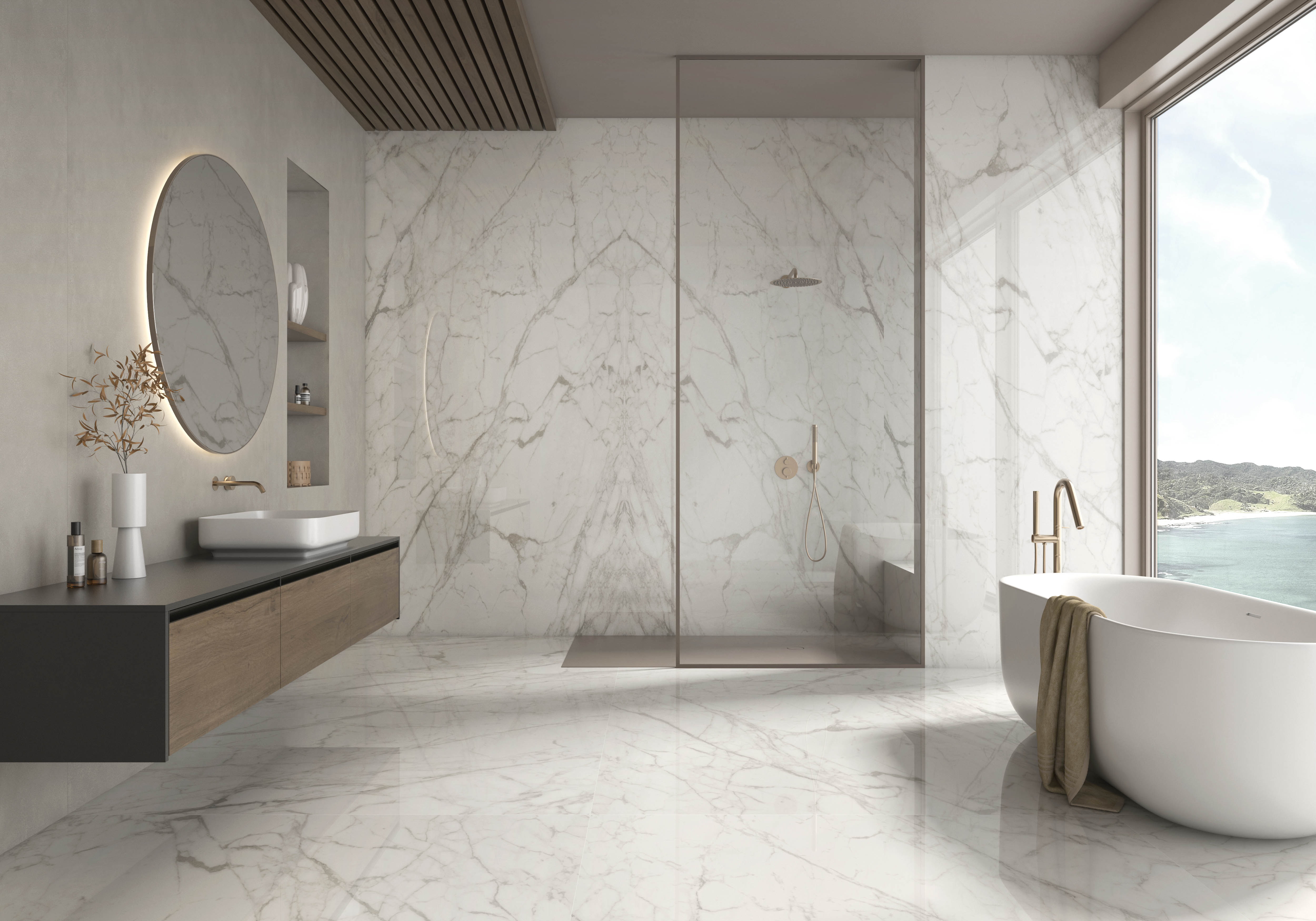 A soft neutrals and earthy tones surface used for bathroom wall cladding and flooring.